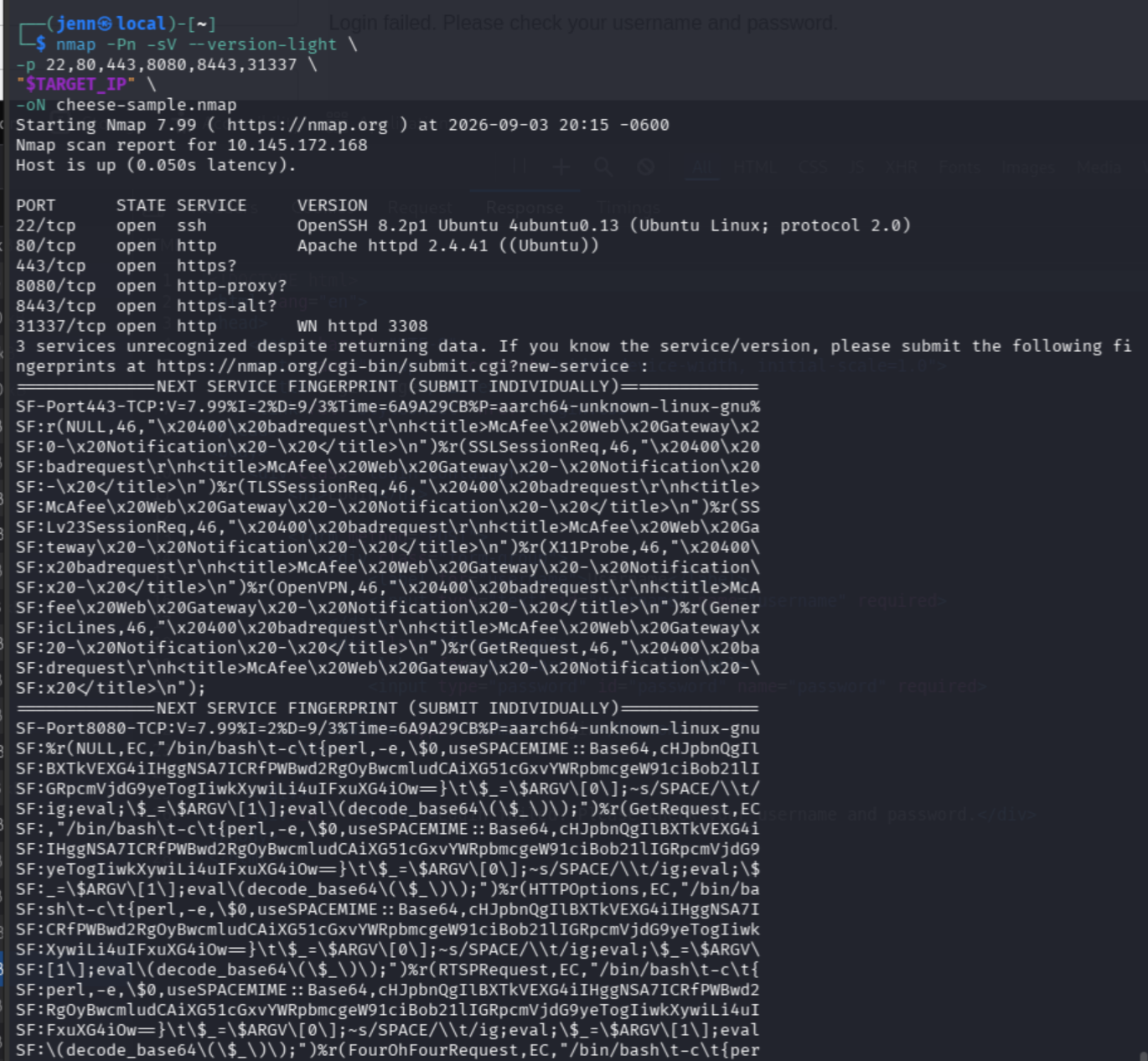 Focused Nmap output showing several suspicious service banners